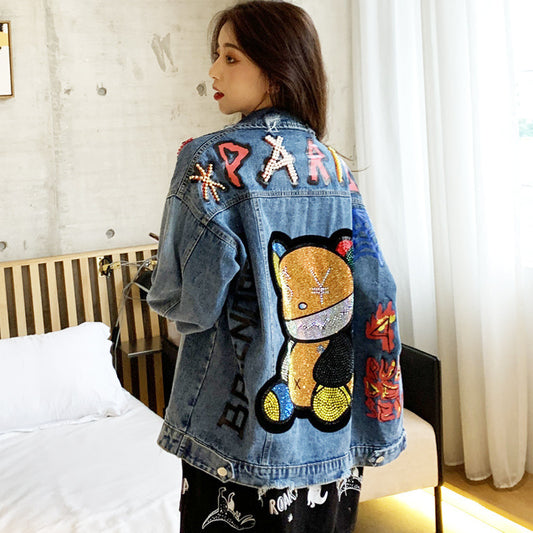 Denim Hot Drill Rhinestone "PARIS" Hip-Hop Teddy Bear Design Women's Jean Jacket