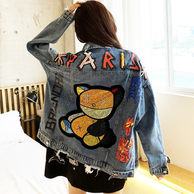 Denim Hot Drill Rhinestone "PARIS" Hip-Hop Teddy Bear Design Women's Jean Jacket