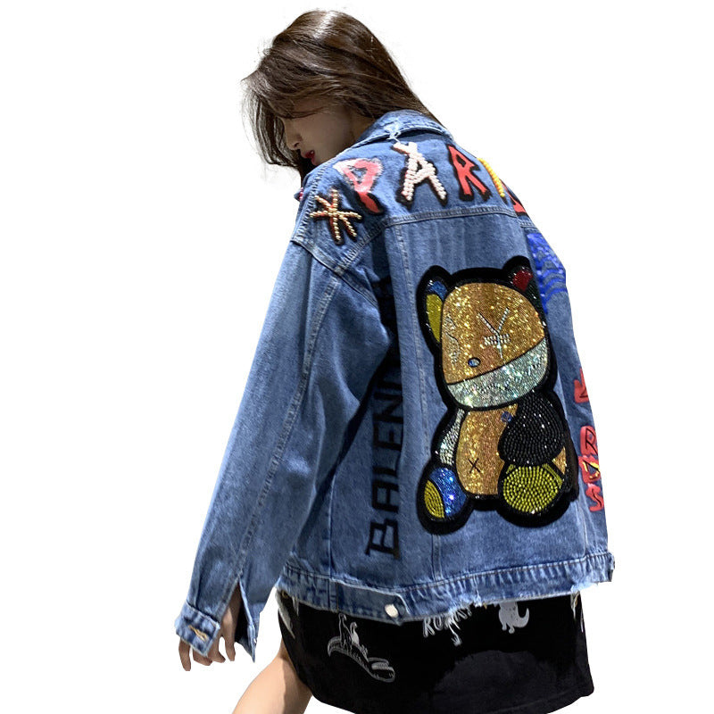 Denim Hot Drill Rhinestone "PARIS" Hip-Hop Teddy Bear Design Women's Jean Jacket
