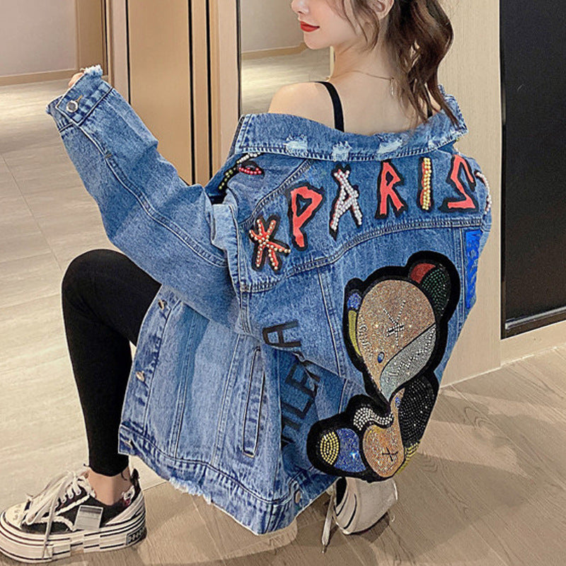 Denim Hot Drill Rhinestone "PARIS" Hip-Hop Teddy Bear Design Women's Jean Jacket
