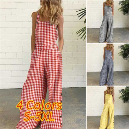 Checker Plaid Print Women's Sleeveless Pocketed Flared Wide Leg Overalls Pants Jumpsuit to 5X Plus Size