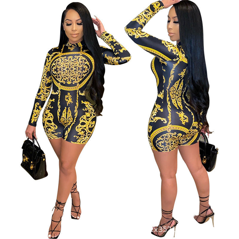 Roman Baroque Print Long Sleeve Women's One-Piece Shorts Romper