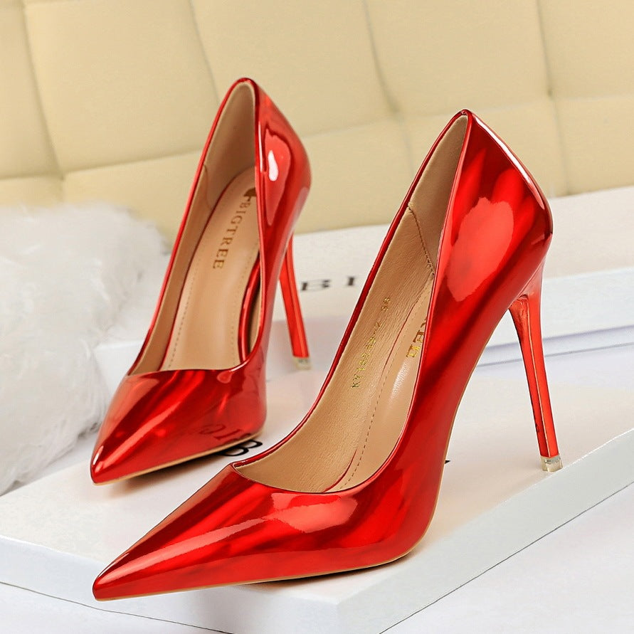 Glossy Shallow Mouth Patent Leather Solid Color Stiletto Heel Women's Pumps