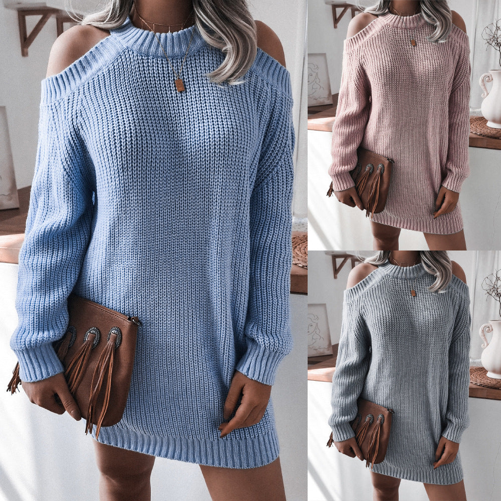 Knitted Long Sleeve Women's Open Shoulder Solid Color Mini Sweater Dress