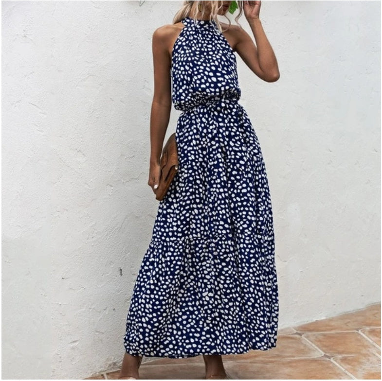 Sleeveless Polka Dot Print Tiered Mock Neck Sash Belt Maxi Dress