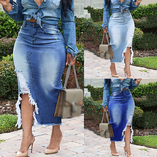 Denim Blue Fringe Gradient Ripped Hem Washed High Side Slit Jean Skirt to 5X Plus Size