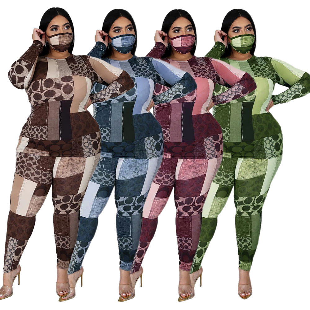Colorblock Monogram Print Women's Long Sleeve Stretch Top + Skin Tight Leggings 2-Piece Set to 5X Plus Size
