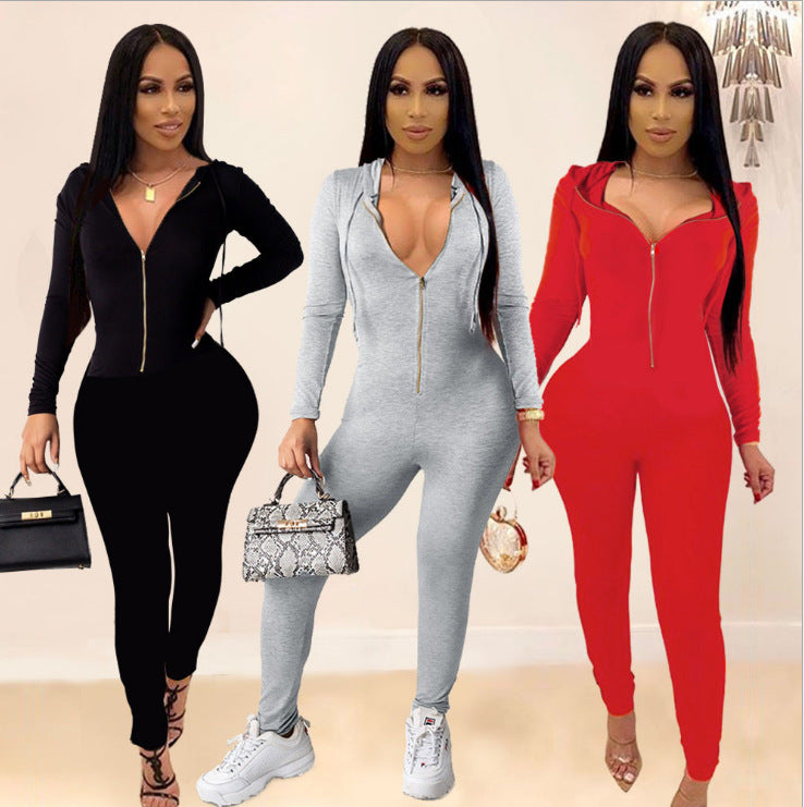 Drawstring Bodycon Fitness Skinny Zipper Front Solid Color Women's Long Sleeve Hoodie Jumpsuit