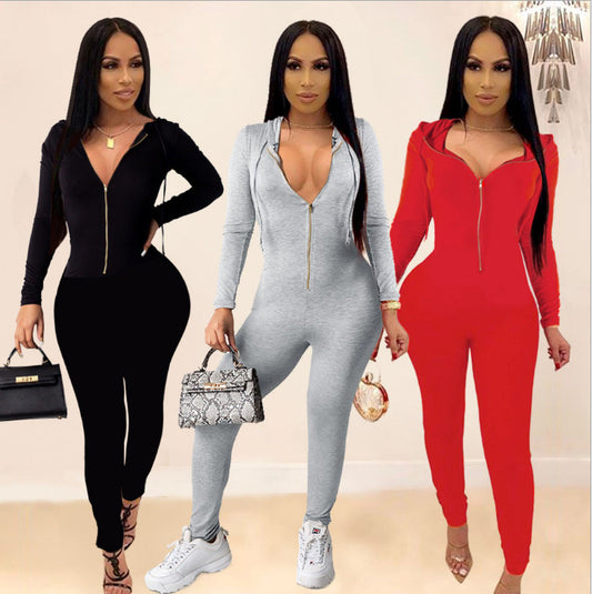 Drawstring Bodycon Fitness Skinny Zipper Front Solid Color Women's Long Sleeve Hoodie Jumpsuit