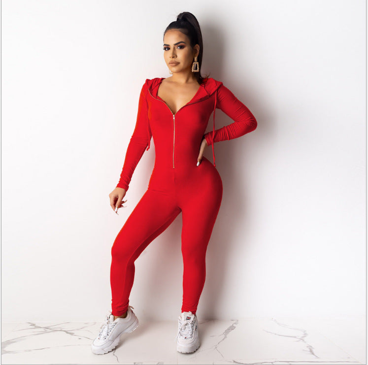 Drawstring Bodycon Fitness Skinny Zipper Front Solid Color Women's Long Sleeve Hoodie Jumpsuit
