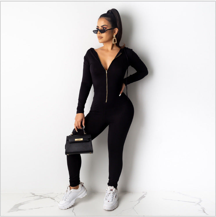 Drawstring Bodycon Fitness Skinny Zipper Front Solid Color Women's Long Sleeve Hoodie Jumpsuit