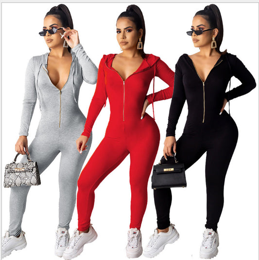 Drawstring Bodycon Fitness Skinny Zipper Front Solid Color Women's Long Sleeve Hoodie Jumpsuit