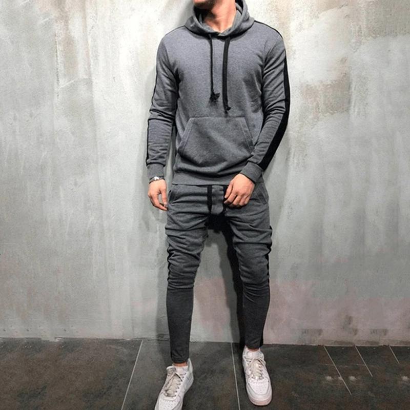 Men's Side Striped Drawingstring Hoodie Sweatshirt + Skinny Jogger Sweatpants Tracksuit