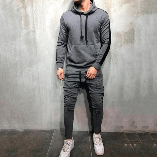Men's Side Striped Drawingstring Hoodie Sweatshirt + Skinny Jogger Sweatpants Tracksuit