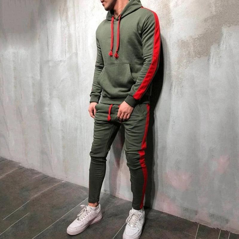 Men's Side Striped Drawingstring Hoodie Sweatshirt + Skinny Jogger Sweatpants Tracksuit