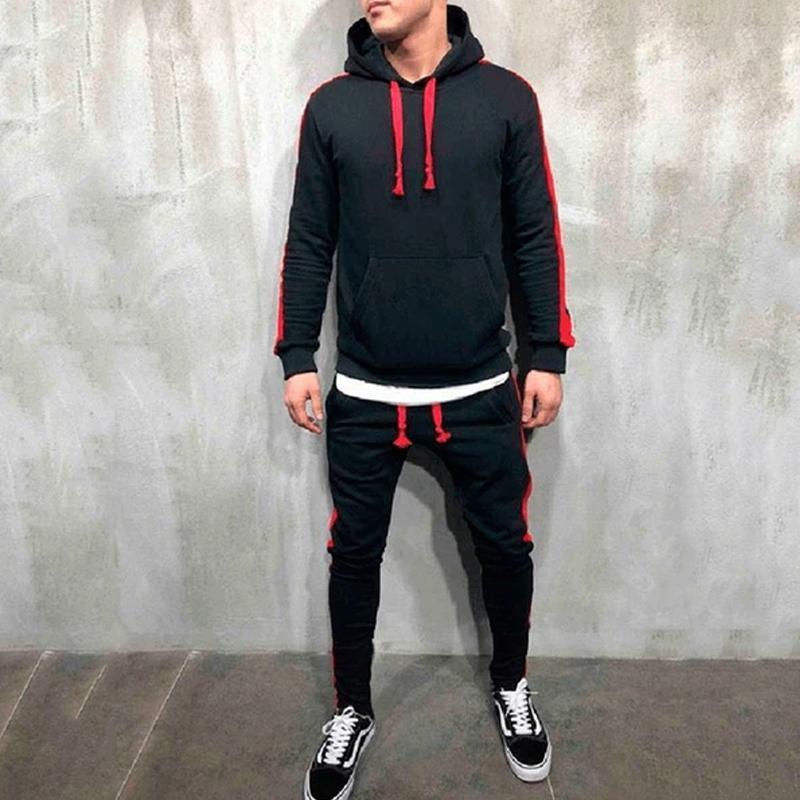 Men's Side Striped Drawingstring Hoodie Sweatshirt + Skinny Jogger Sweatpants Tracksuit
