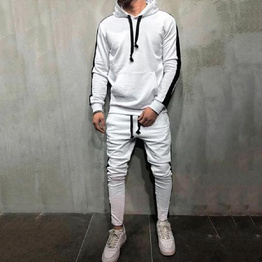 Men's Side Striped Drawingstring Hoodie Sweatshirt + Skinny Jogger Sweatpants Tracksuit