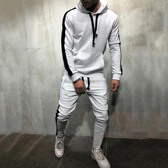 Men's Side Striped Drawingstring Hoodie Sweatshirt + Skinny Jogger Sweatpants Tracksuit