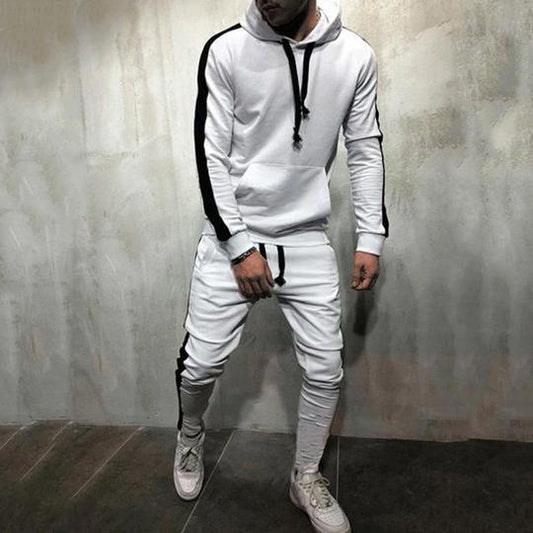 Men's Side Striped Drawingstring Hoodie Sweatshirt + Skinny Jogger Sweatpants Tracksuit