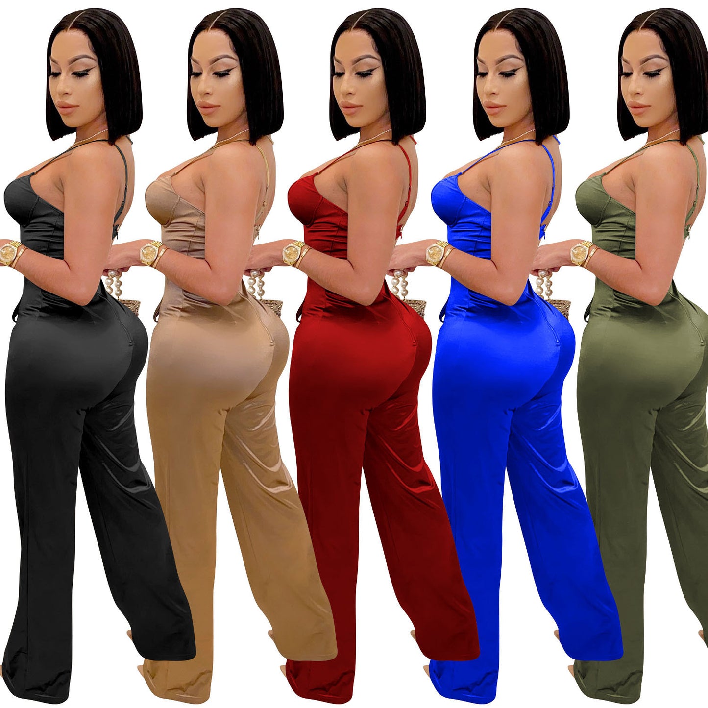 Satin Camisole Top Spaghetti Strap Women's V-Neck Sash Belted Jumpsuit