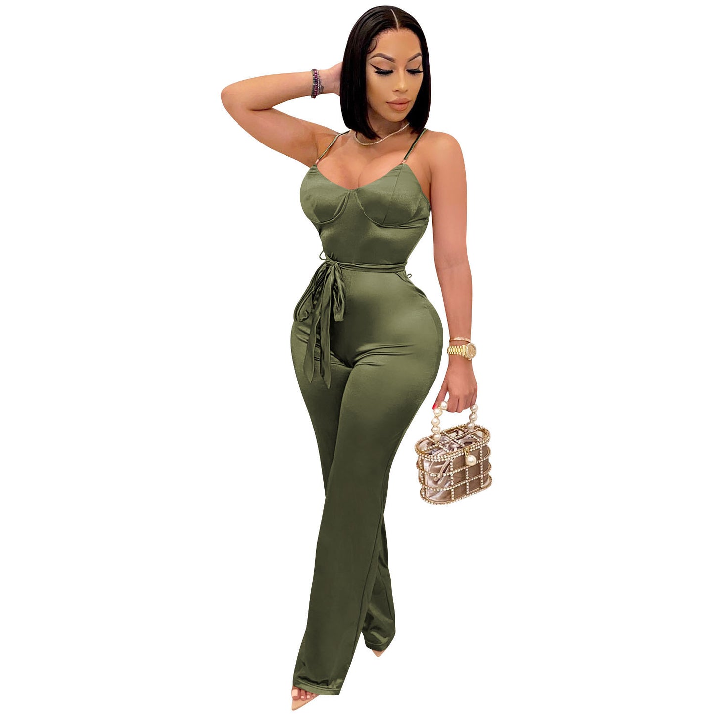 Satin Camisole Top Spaghetti Strap Women's V-Neck Sash Belted Jumpsuit