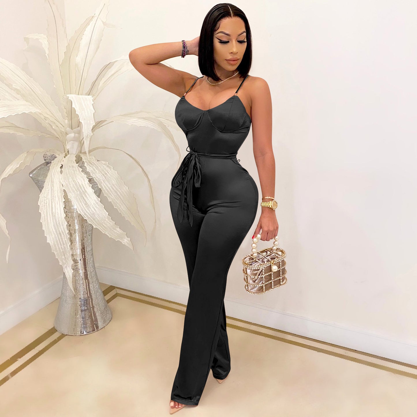 Satin Camisole Top Spaghetti Strap Women's V-Neck Sash Belted Jumpsuit