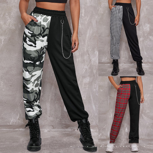 Two-Tone Plaid/Camoflauge Colorblock Stitched Chain Detail Women's Trouser Pants