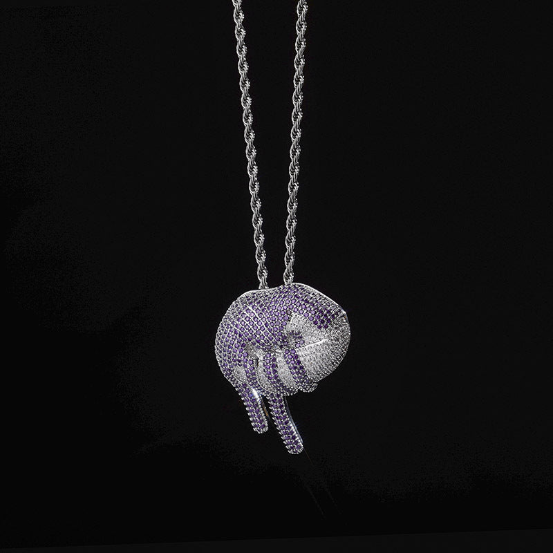 Iced Out Pink/Purple Colorblock Dripping Lip Design Cubic Zirconia Pendant Hip-Hop Chain Necklace