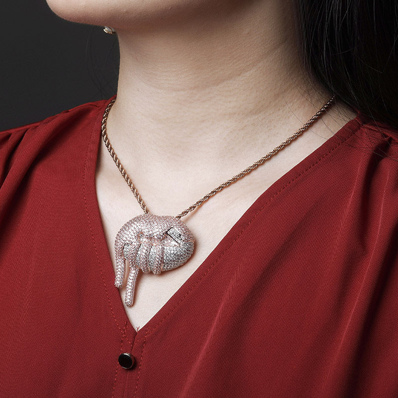 Iced Out Pink/Purple Colorblock Dripping Lip Design Cubic Zirconia Pendant Hip-Hop Chain Necklace