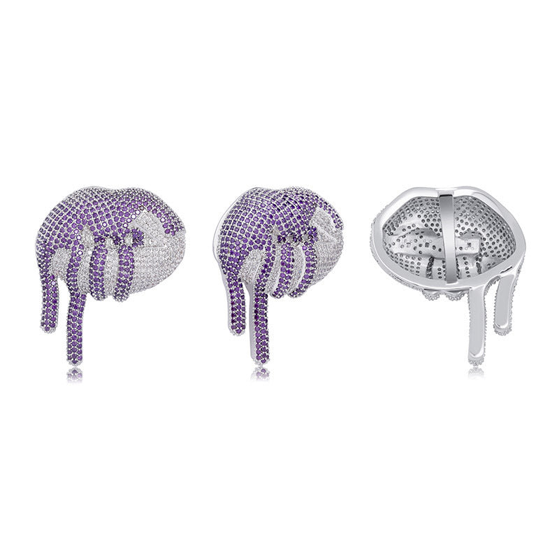 Iced Out Pink/Purple Colorblock Dripping Lip Design Cubic Zirconia Pendant Hip-Hop Chain Necklace