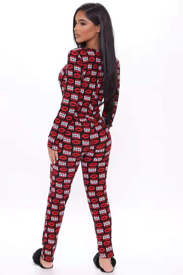 Plaid/Lips/Panda Print Long Sleeve Skinny Bodycon Onesie Jumpsuit