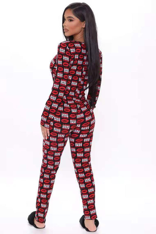 Plaid/Lips/Panda Print Long Sleeve Skinny Bodycon Onesie Jumpsuit