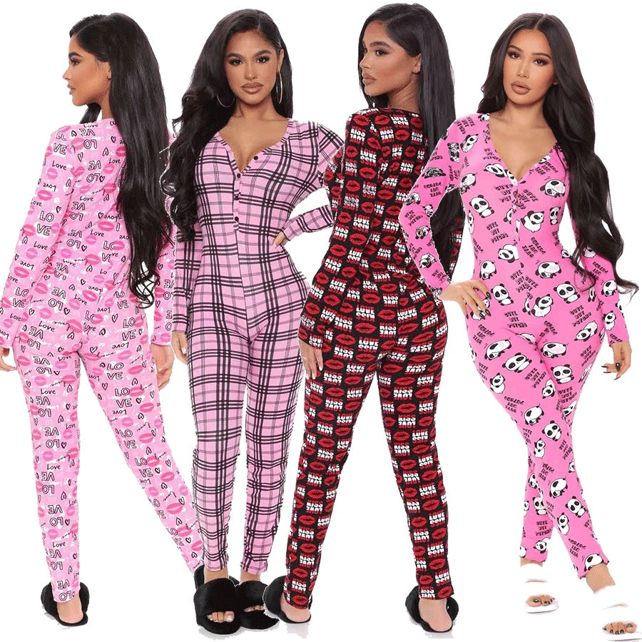 Plaid/Lips/Panda Print Long Sleeve Skinny Bodycon Onesie Jumpsuit