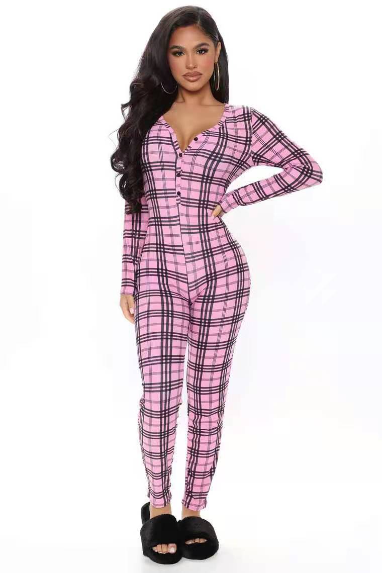 Plaid/Lips/Panda Print Long Sleeve Skinny Bodycon Onesie Jumpsuit