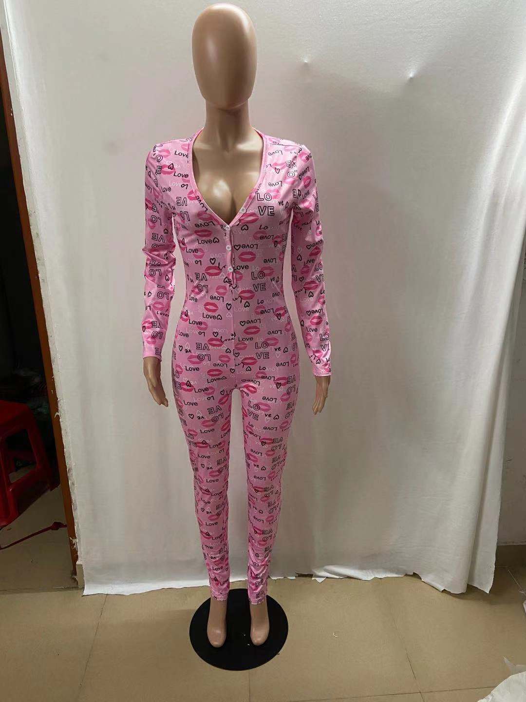 Plaid/Lips/Panda Print Long Sleeve Skinny Bodycon Onesie Jumpsuit
