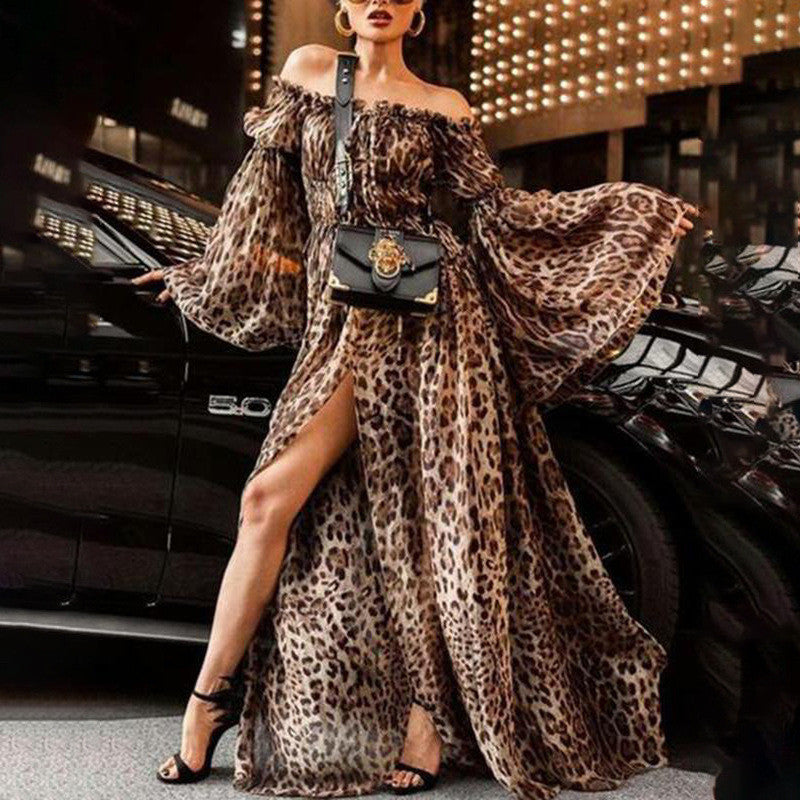 Oversized Asymmetrical Leopard Print Off-the-Shoulder Long Sleeve High Slit Maxi Dress to 3X Plus Size