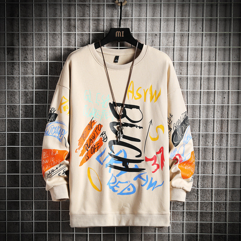 Men's Oversized Graffiti Print Long Sleeve O-Neck Japanese Streetwear Hip-Hop Sweatshirts