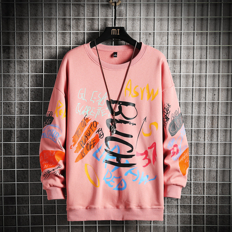 Men's Oversized Graffiti Print Long Sleeve O-Neck Japanese Streetwear Hip-Hop Sweatshirts
