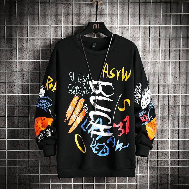 Men's Oversized Graffiti Print Long Sleeve O-Neck Japanese Streetwear Hip-Hop Sweatshirts