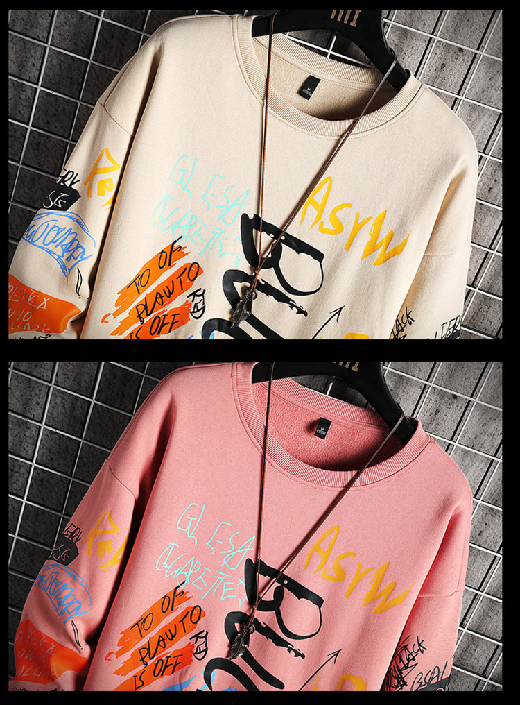 Men's Oversized Graffiti Print Long Sleeve O-Neck Japanese Streetwear Hip-Hop Sweatshirts