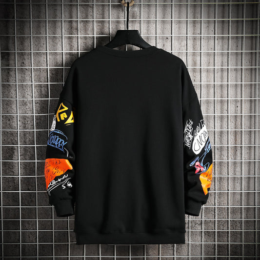 Men's Oversized Graffiti Print Long Sleeve O-Neck Japanese Streetwear Hip-Hop Sweatshirts