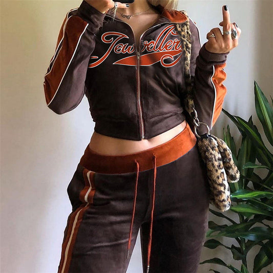 "Jewellry" Print Velvet Women's Zipper Jacket + Side Striped Sweatpants Tracksuit