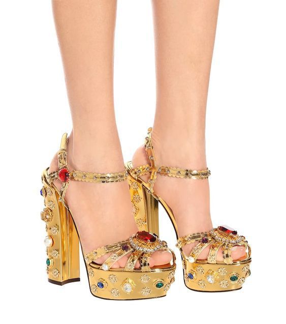 Gold Rhinestone Embellished Metallic High Heel Platform Open Toe Gladiator Sandal Pumps
