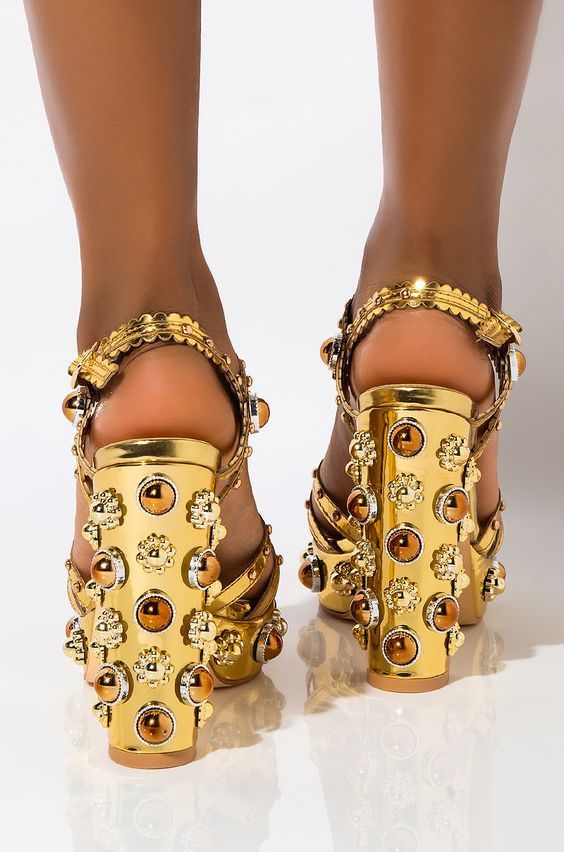Gold Rhinestone Embellished Metallic High Heel Platform Open Toe Gladiator Sandal Pumps
