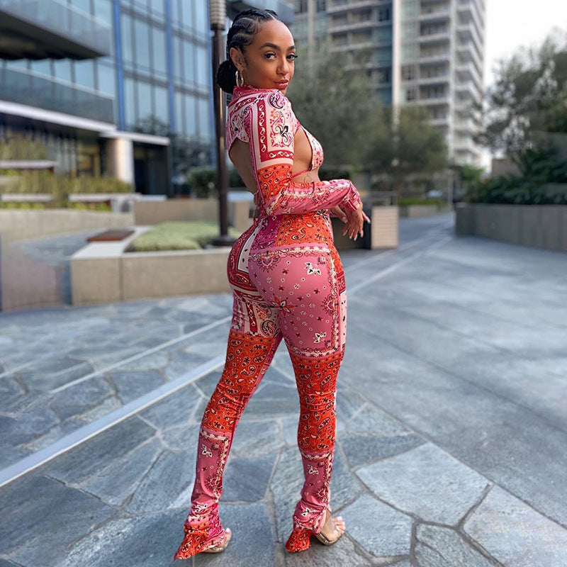 Mock Neck Floral Paisley Print Cropped Long Sleeve Blouse w/ Bra + Skin Tight Leggings Women's 3-Piece Set