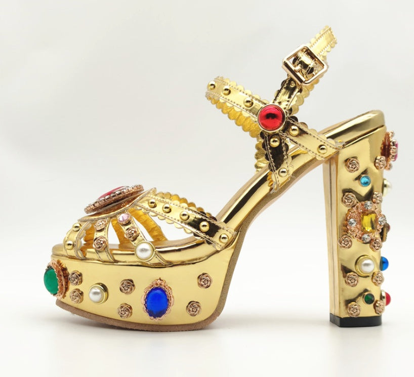 Gold Rhinestone Embellished Metallic High Heel Platform Open Toe Gladiator Sandal Pumps