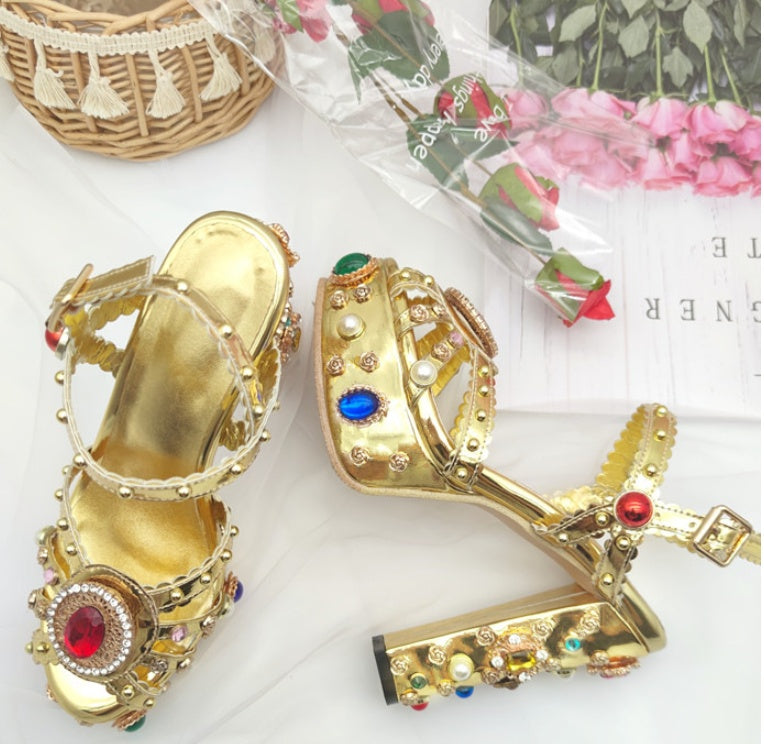 Gold Rhinestone Embellished Metallic High Heel Platform Open Toe Gladiator Sandal Pumps
