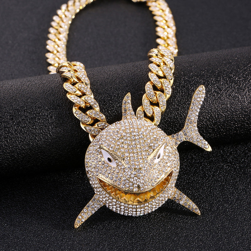 Iced-Out Rhinestone Shark Pendant Micro Set Hip-Hop Chain Necklace