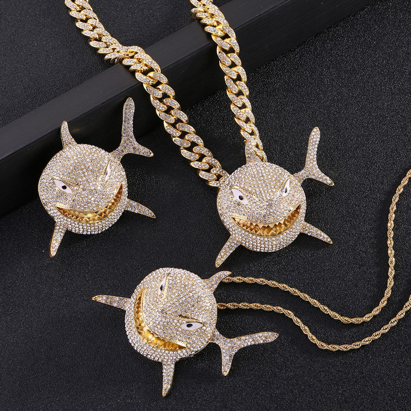 Iced-Out Rhinestone Shark Pendant Micro Set Hip-Hop Chain Necklace