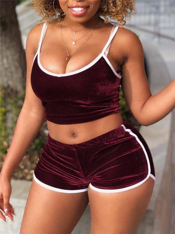Velvet Side Striped Women's Crop Tank Top + Mini Shorts 2-Piece Set
